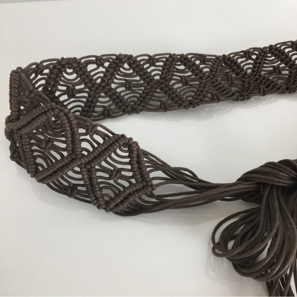 Women’s Boho Macrame Woven Fringe Statement Belt Tie Front Brown Coastal Cowgirl